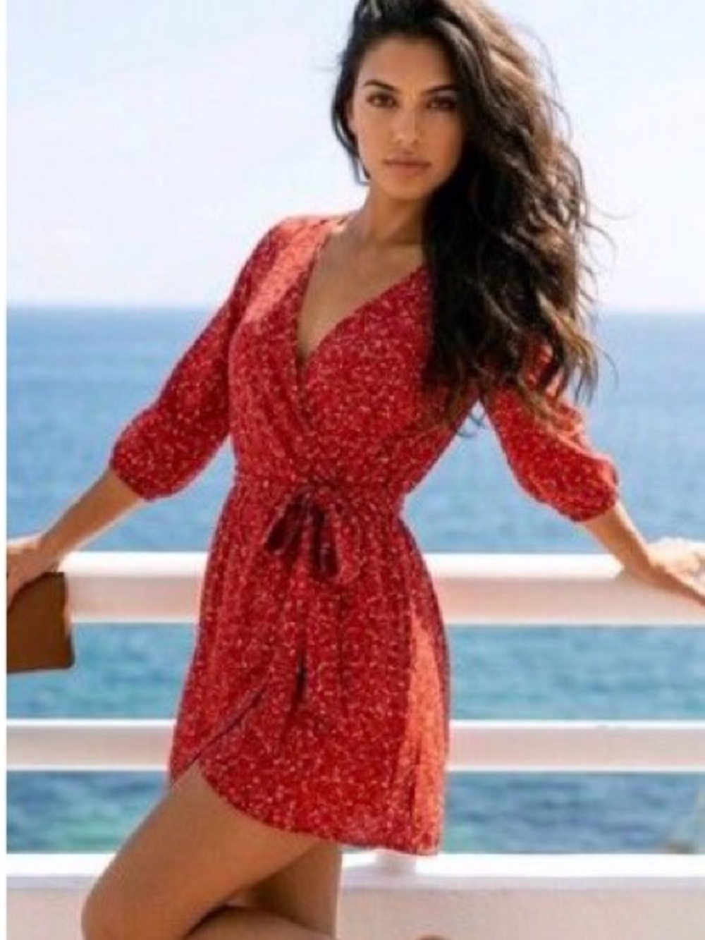 Free People Clara Red Ditsy Floral Faux Wrap Mini Dress